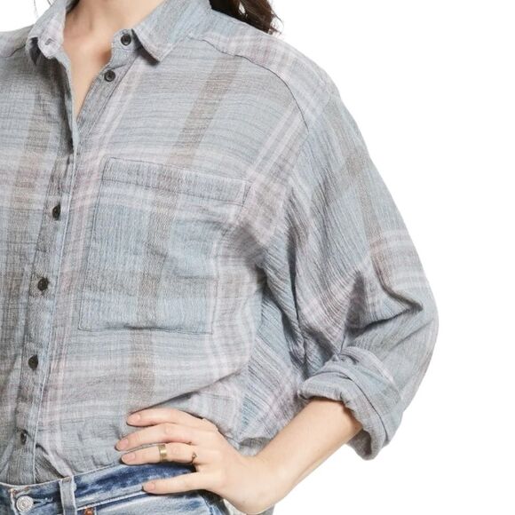 Free People Cropped Cutie Plaid Button Front Cotton Shirt Blue Gray Size Small - Picture 7 of 13